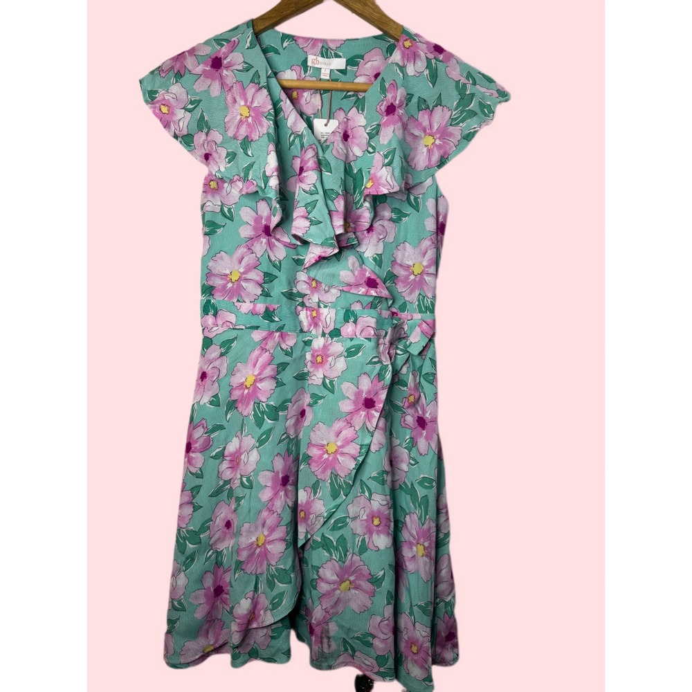 NWT GB Girls Size L Floral Print Ruffle Sleeve Wrap Dress Kids Green Pink